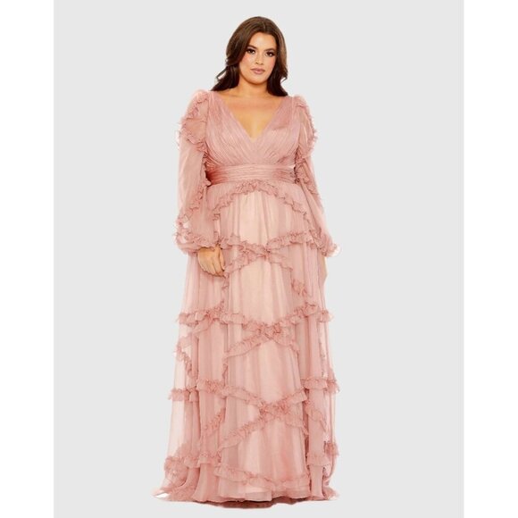 Mac Duggal Size 16 Pink V Neck Ruffle Tiered Puff Sleeve Gown Dress Prom $598 - Picture 1 of 11